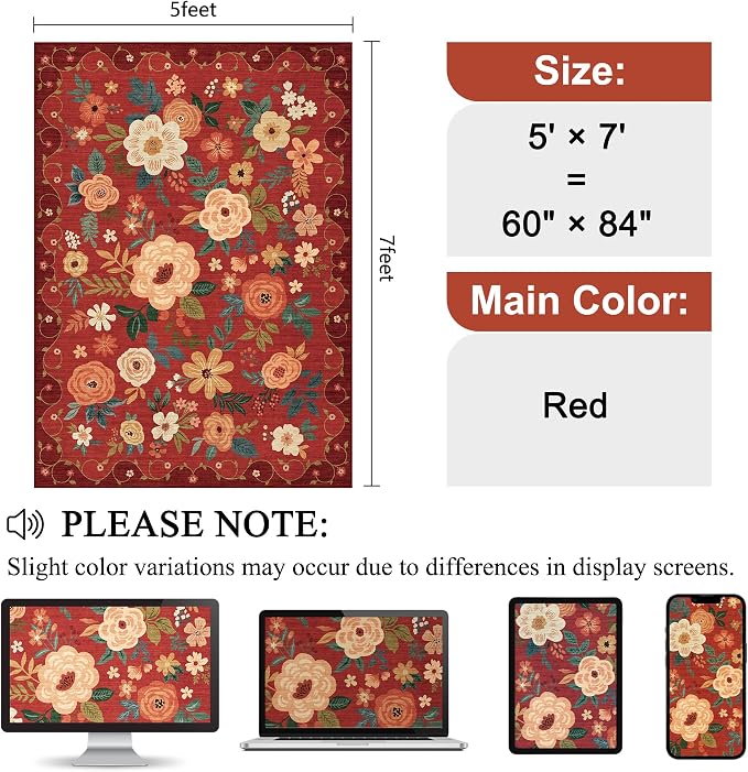 DUKINO 5x7 Area Rugs, Floral Washable Rug - Image 2