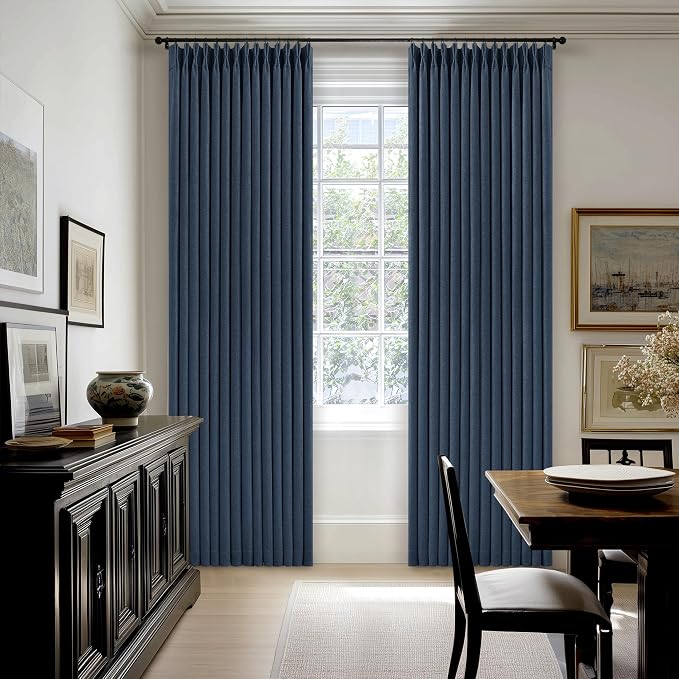 Navy Pinch Pleated Blackout Linen 102 Inch Dual Layer Curtains 2 Panels Set | - Image 9