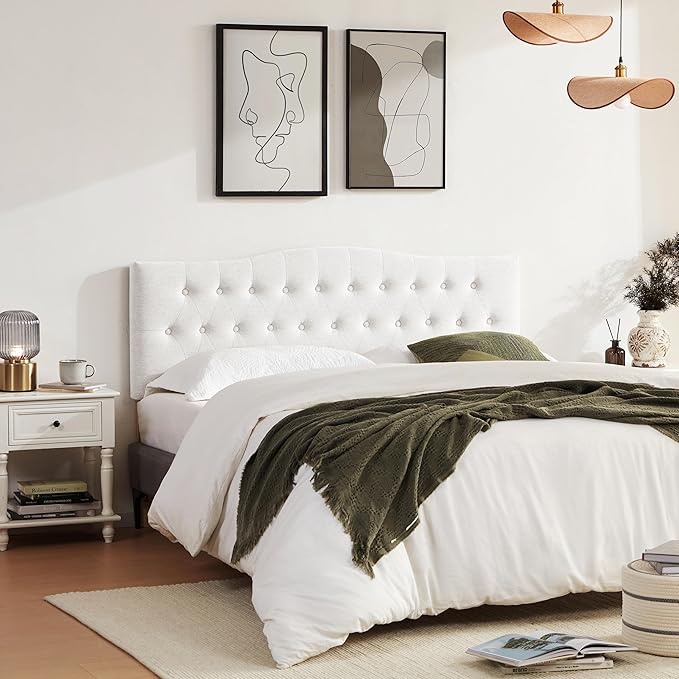 Tufted Upholstered Headboard Full Size, Sturdy and Durable Solid Wood Full XL headboard, Fabric Headboard Adjustable Height from 37” to 51”, Modern Button Diamond Design Head Board, White