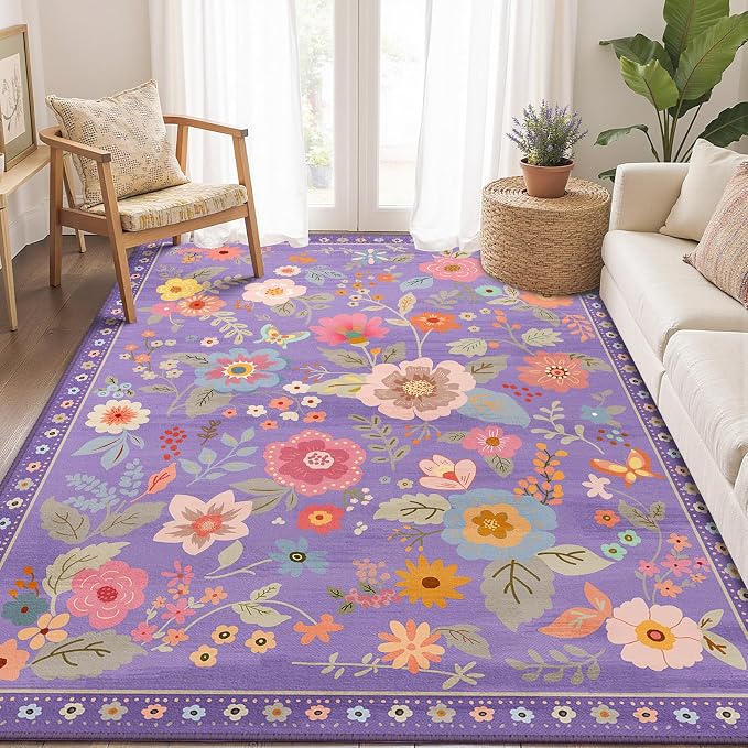 RELEANY Floral Washable 5x7 Area Rugs Purple/Pink | Flower Carpet Print Boho - Image 9