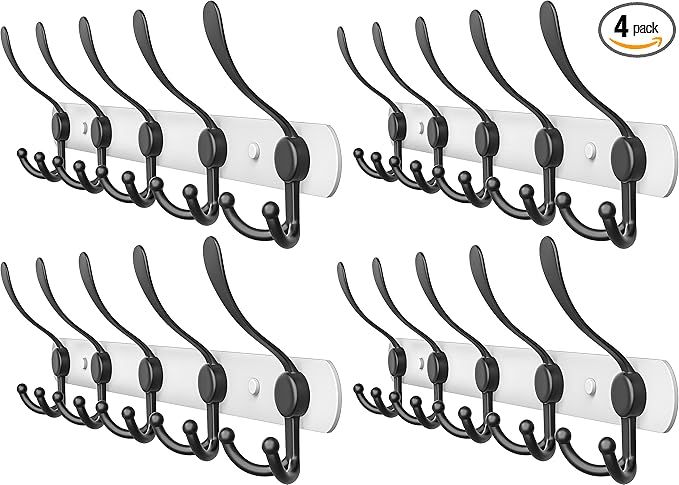 Coat Rack Wall Mount with 5 Tri Hooks, Stainless Steel 16 Inch – White & Black Matte Finish, Heavy Duty Wall Mounted Hook Rack for Coats, Hats, Towels, Scarfs, Robes, Bags, Entryway & Bathroom, 4 Pack