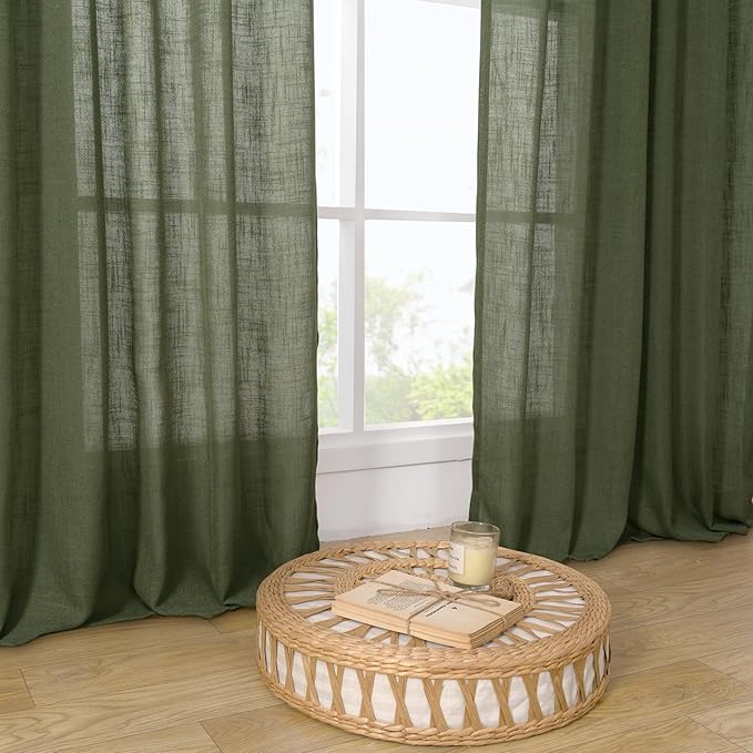 Olive Green Linen Window Sheer Curtains 30 Inches Long 2 Panels | Semi Sheer - Image 9