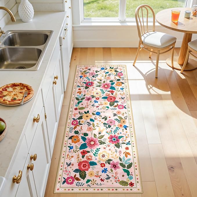 Floral Washable 2x5 Area Rugs Runner Entryway Hallway Pink | Flower Carpet - Image 4