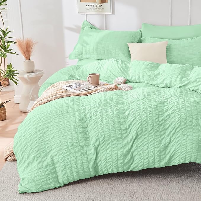HYMOKEGE Mint Green Queen Comforter Set Seersucker 7 Pieces, All Season Luxury Bed in a Bag Queen for Bedroom, Bedding Set with Comforter, Sheets, Pillowcases & Shams