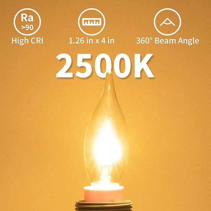 12-Pack E12 Candle Light Bulbs 40W Warm White 2500K, 380 Lumen Dimmable Chandelier Light Bulbs for Ceiling Fan, Pendants or Outdoor, CA10 Clear Candelabra Base Bulbs