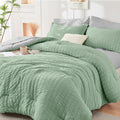 HYMOKEGE Sage Green/Light Grey Full Size Comforter Sets Seersucker 7 Pieces, All Season Luxury Bed in a Bag for Bedroom, Bedding Set with Comforter, Sheets, Pillowcases & Shams