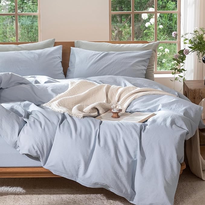 MooMee Bedding Duvet Cover Set 100% Washed Cotton Linen Like Textured Breathable Durable Soft Comfy (Heathered Cornflower Blue, King 104"x90")