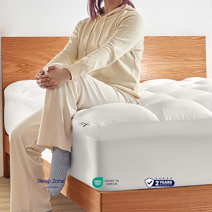 SLEEP ZONE King Mattress Topper Washable, Deep Pocket Mattress Pad, Thick Fitted Mattress Cover for Back Pain, Breathable Mattress Protector, Hotel Quality (White, King)