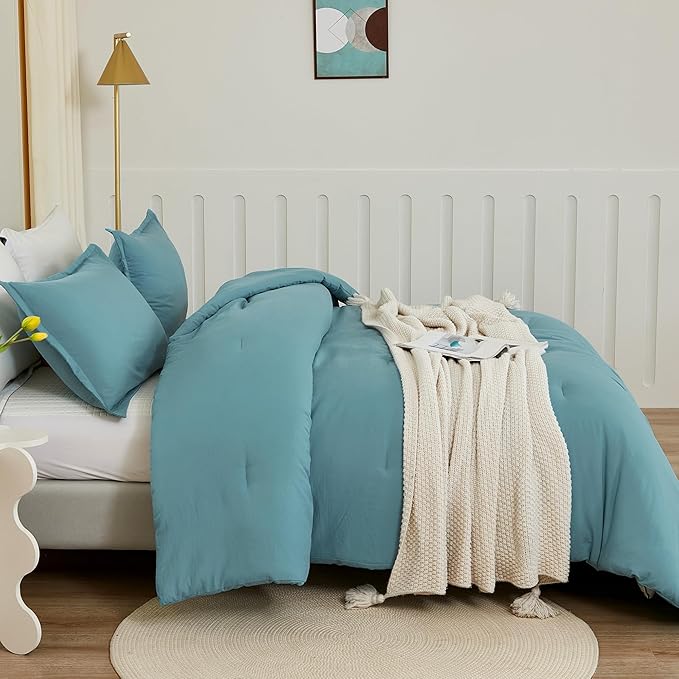 Litanika Grayish Teal Comforter Queen Size, 3 Pieces Lightweight Solid Bedding Set, All Season Fluffy Bed Set (90x90In Comforter & 2 Pillowcases)