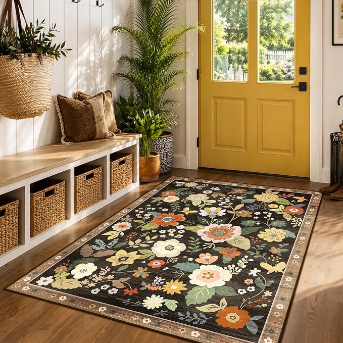RELEANY Floral Washable 4x6 Area Rugs Black/Yellow | Flower Carpet Print Boho - Image 6
