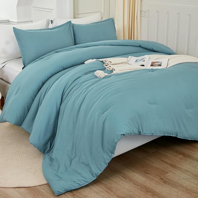 Litanika Oversized King Comforters Grayish Teal Super King Size, 3 Pieces Lightweight Solid Bedding Comforter Set, All Season Fluffy Bed Set (120x120In Comforter & 2 Pillowcases)