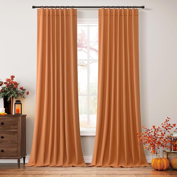 Orange 100% Blackout Linen Curtains 102 Inch Length 2 Panels Set - Image 2