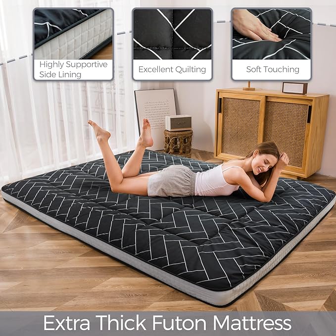 MAXYOYO Black Geometric Pattern Futon Mattress, Japanese Floor Mattress Quilted Bed Mattress Topper, Extra Thick Folding Sleeping Pad Breathable Floor Lounger Guest Bed for Camping Couch, Twin
