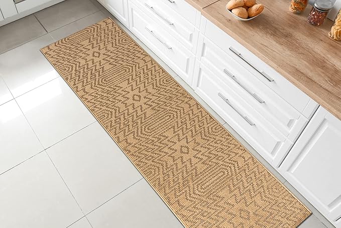 Custom Length Cut to Size Tribal Ethnic Southwestern Inspired Hallway Runner Rug, Non Slip Rubber Backed, 31 inch Wide X Customized Length, Inca Tan, 31 inch X 6 feet