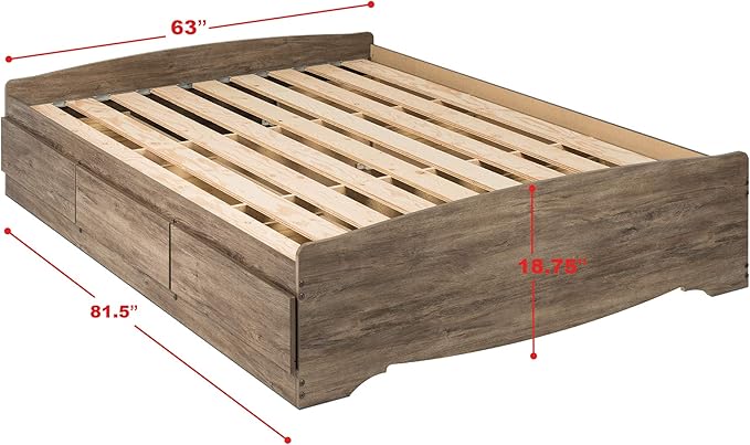 Prepac Mate's Queen 6-Drawer Minimalist Platform Storage Bed, Contemporary Queen Bed with Drawers 81.5" D x 63" W x 18.75" H, Drifted Gray, DBQ-6200-3K