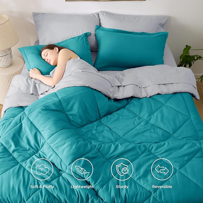 Bedsure Full Size Comforter Set - 7 Pieces Reversible Teal Bedding, Full Size Bed Set for All Seasons, Bed in a Bag with Down Alternative Comforter, Sheets, Pillowcases & Shams