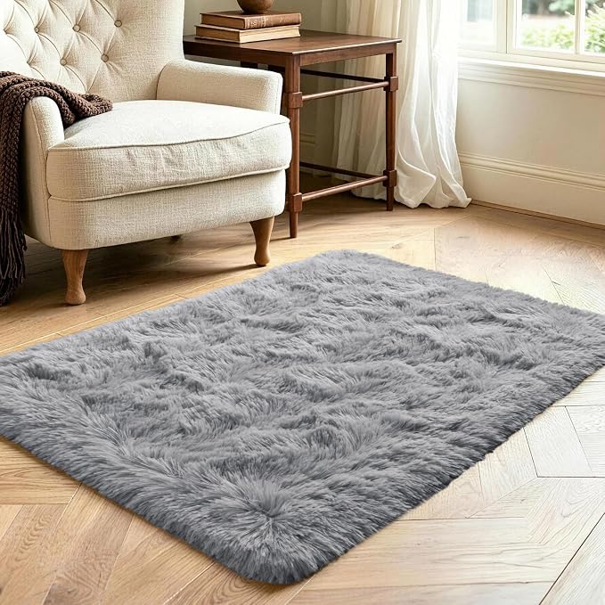2x3 Grey Fluffy Soft Area Rug Non-Slip - Image 3