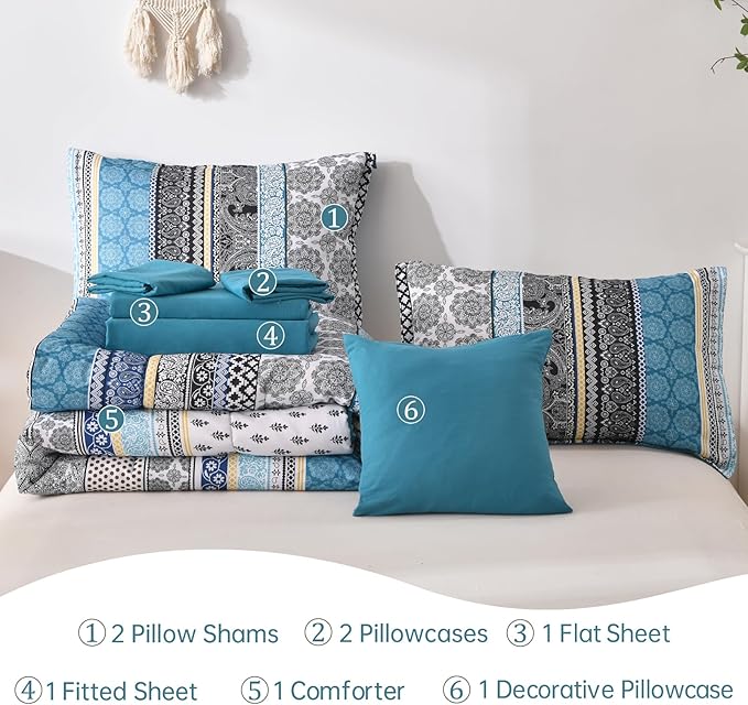 Cottolester Teal Comforter Set King Size,Boho Striped Bed in a Bag 8 Pieces,Paisley Soft Microfiber Bedding Comforter Set