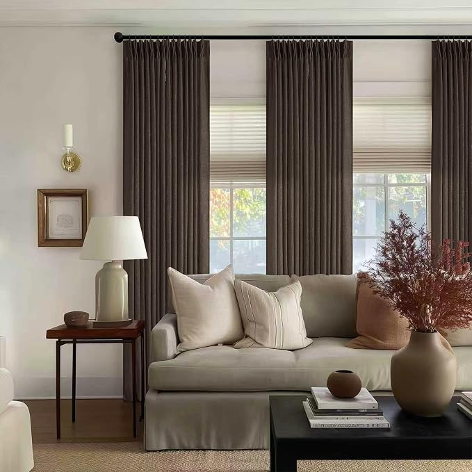 Dark Chocolate 120 Inch Pinch Pleated Semi Sheer Linen Curtains 2 Panels | - Image 8