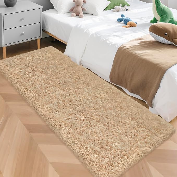 Beige Runner Rug for Bedroom 2x5ft Fluffy Area Rug Bedside Runner Rug for Kids by JiaoBaba