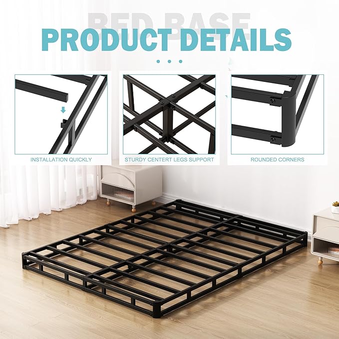 King Box Spring Bed Base 4 inch, Low Profile Metal Box Spring King with Fabric Cover, 3000 Lbs Max Weight Capacity Mattress Foundation, Noise-Free, Easy Assembly