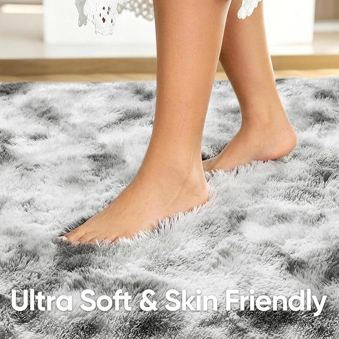 8x10 Extra Large Tie-Dyed Grey and White Fluffy Area Rug Non-Slip - Image 5