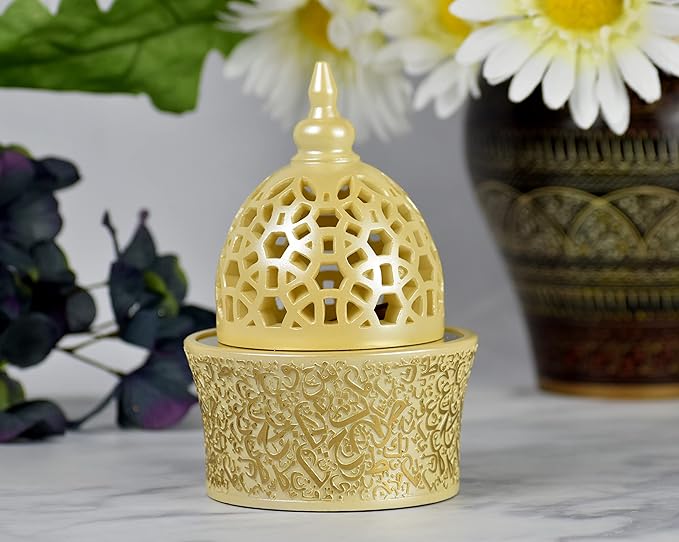 Intense Oud Calligraphy Style Closed Resin Incense Burner – 8 Inches, Beige Metal Tray, Arabian Bakhoor Burner for Yoga, Aromatherapy, Home, Office & Bedroom Decor