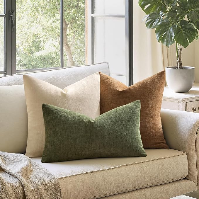 MIULEE Olive Green Chenille Couch Lumbar Throw Pillow Covers, 12x20 | Set of 2 - Image 7