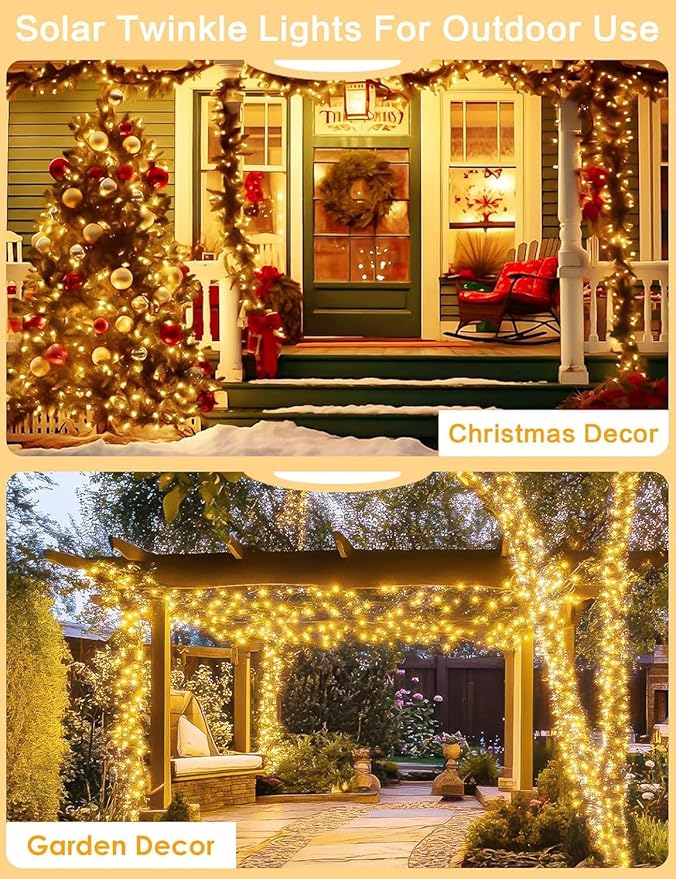Solar String Lights Outdoor, 2 Pack 144FT 400 LED Solar Christmas Twinkle Lights Outside Waterproof Copper Wire with 8 Modes Solar Fairy Lights for Garden Tree Birthday Christmas Decor(Warm White)
