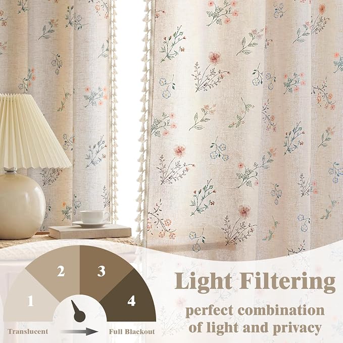 Boho Floral Light Filtering Curtains 90 Inch 2 Panels Linen Texture | Farmhouse - Image 3