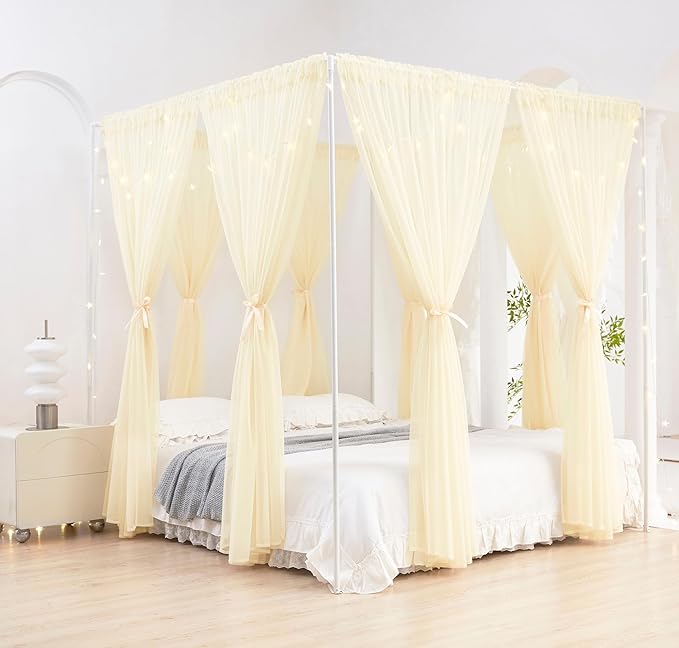 Akiky Ivory Canopy Bed Curtains with Lights 8 Panel Canopy Curtains Drapes for Full Queen Size Bed Large Rod Pocket Sheer Canopy Bed Drapes