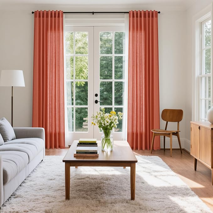Coral Linen Curtains 90 Inch Length 2 Panel Set Back Tab Rod Pocket Semi Sheer - Image 7