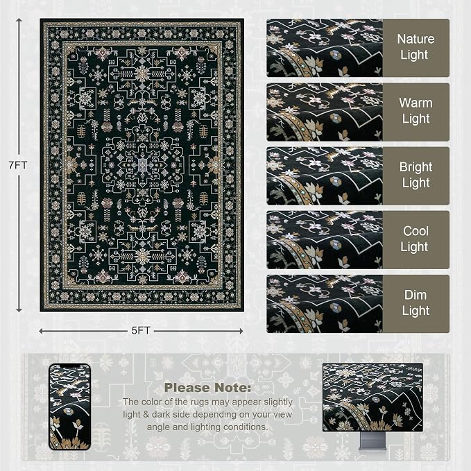5x7 Area Rugs Living Room: Washable Vintage Rug - Image 2