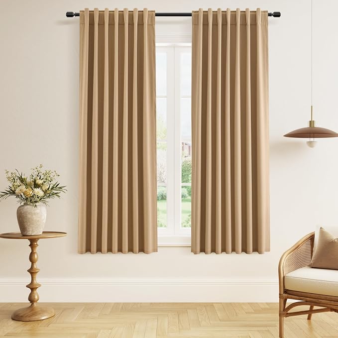 Camel Brown 100% Blackout Linen Curtains 63 Inch Length 2 Panels Set by Guken
