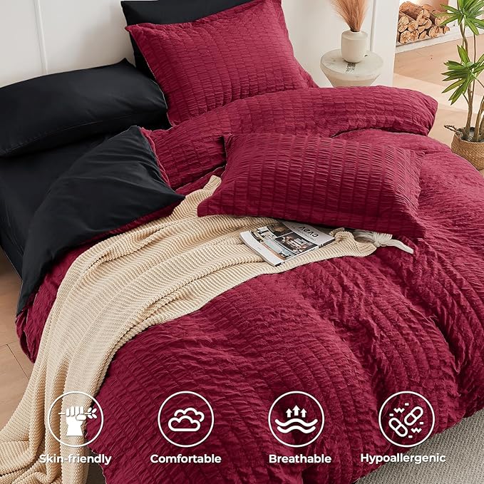 HYMOKEGE Red & Black King Size Comforter Set Seersucker 7 Pieces, All Season Luxury Bed in a Bag for Bedroom, Bedding Set with Comforters, Sheets, Pillowcases & Shams