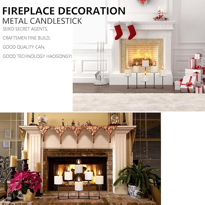 smtyle Christmas DIY 6 Fireplace Candle Candelabra Candleholder Mantle Decor for Flameless or Wax Pillar Candles Stand with Black Iron Decoration on Desk or Floor