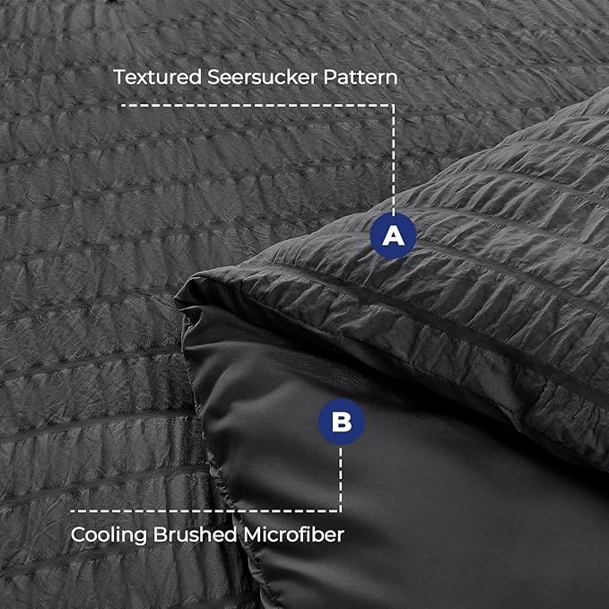 HYMOKEGE 7 Piece King Size Comforter Set Seersucker, All Season Luxury Bed in a Bag for Bedroom, Bedding Set with Comforters, Sheets, Pillowcases & Shams, Dark Grey