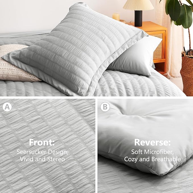 CozyLux Queen Comforter Set Light Grey Seersucker 7 Pieces Bed in a Bag Queen Comforter Set with Sheets Luxury Soft Bedding Set with Down Alternative Comforter, Sheets, Pillowcases & Shams All Seasons