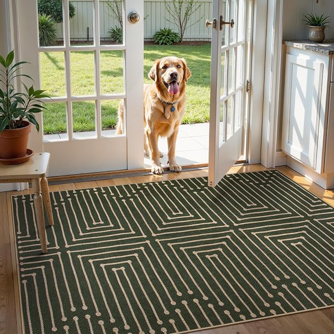 Lahome Green 3x5 Entryway Rug, Non Slip Maze Line Easy Jute Washable Rug | - Image 8