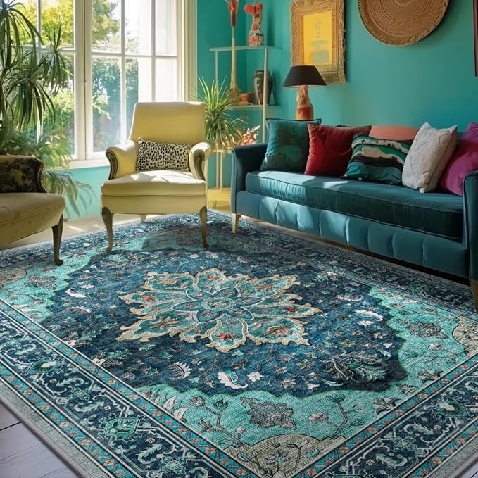RELEANY Washable Area Rug, Teal | Non-Slip, Water Repellent, Pet Friendly by RELEANY