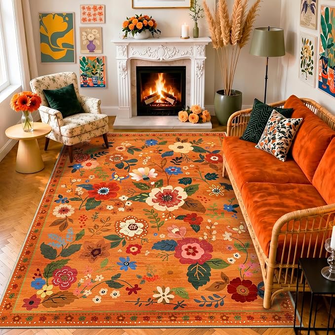 RELEANY Floral Washable 6x9 Area Rugs BurntOrange | Flower Carpet Print Boho - Image 6