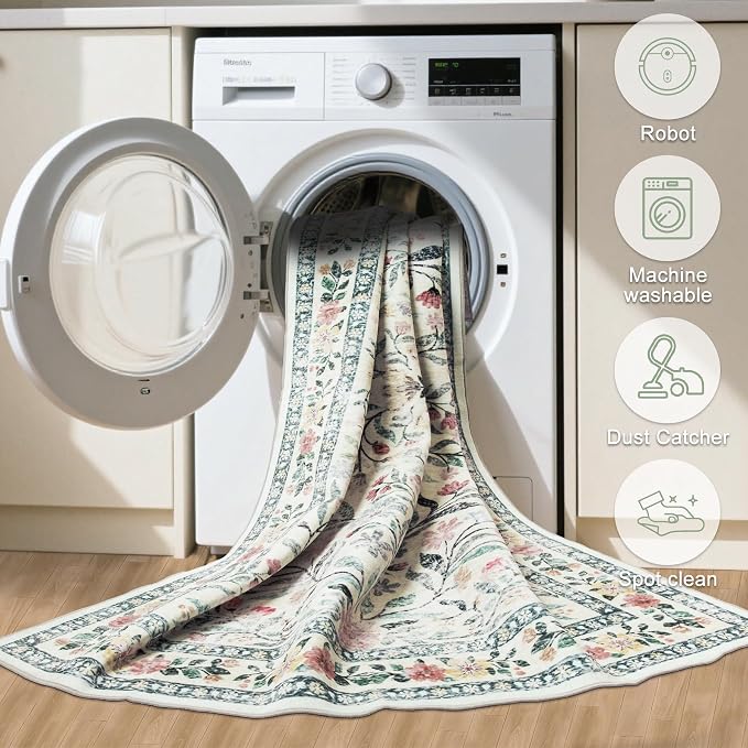 PLHXFR 6x9 Area Rug Living Room: Floral Washable Boho Carpet Green Beige | - Image 7
