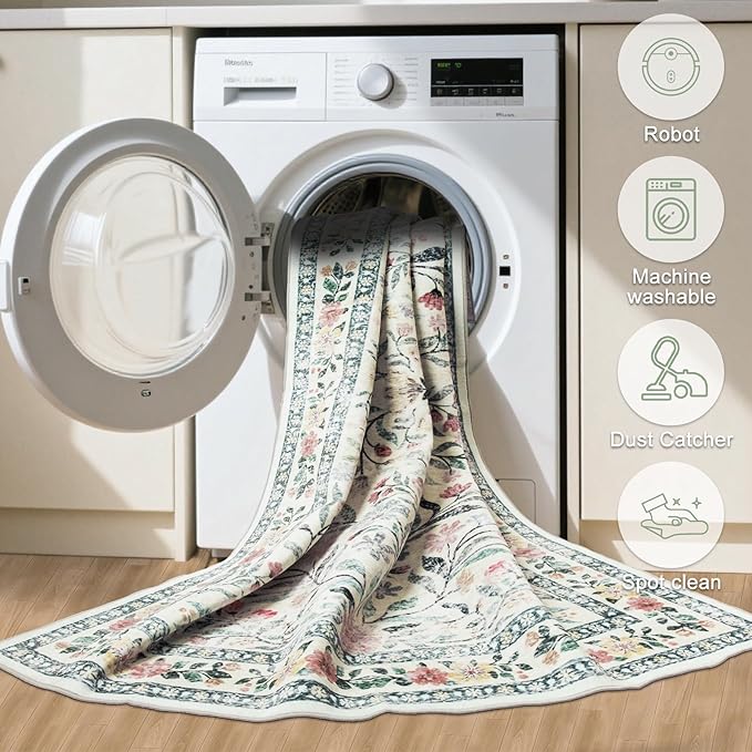 PLHXFR Area Rug Living Room: 5x7 Floral Washable Boho Carpet Green Beige | - Image 6