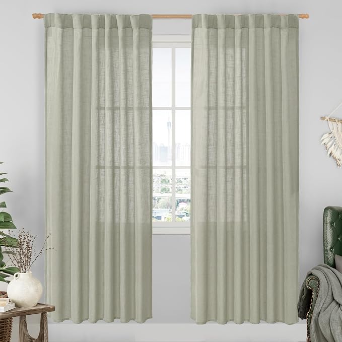 Sage Grey Linen Boho Semi Sheer Curtains 80 inch Length 2 Panels | Light by LAMIT