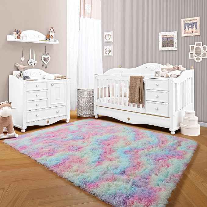 Rainbow Area Rugs for Living Room, 5x8 Fluffy Girls Bedroom Rug, Indoor Ultra - Image 8