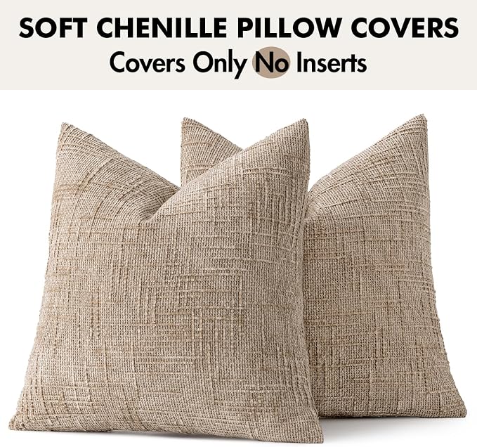 MIULEE Chenille Textured Throw Pillow Covers Oatmeal 18x18 Set of 2 | Slubby - Image 8