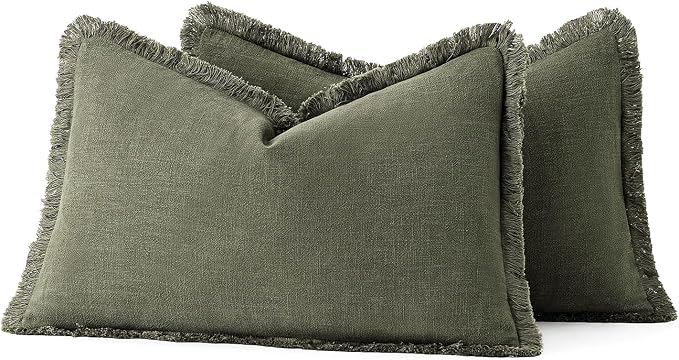 MIULEE Boho Linen Decorative Lumbar Throw Pillow Covers Olive Green 12x20 | Set - Image 6