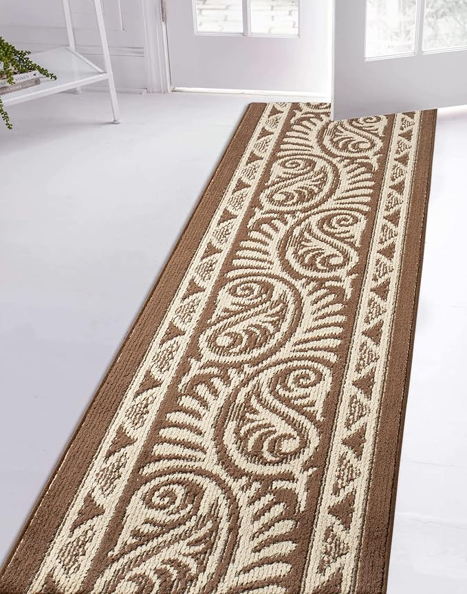 Custom Length Cut to Size Tribal Ethnic Southwestern Inspired Hallway Runner Rug, Non Slip Rubber Backed, 31 inch Wide X Customized Length, Mayan Brown, 31 inch X 11 feet