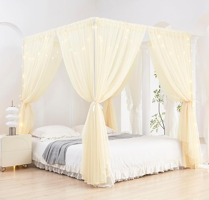 Akiky Ivory Canopy Bed Curtains with Lights 8 Panel Canopy Curtains Drapes for Twin Size Bed Large Rod Pocket Sheer Canopy Bed Drapes
