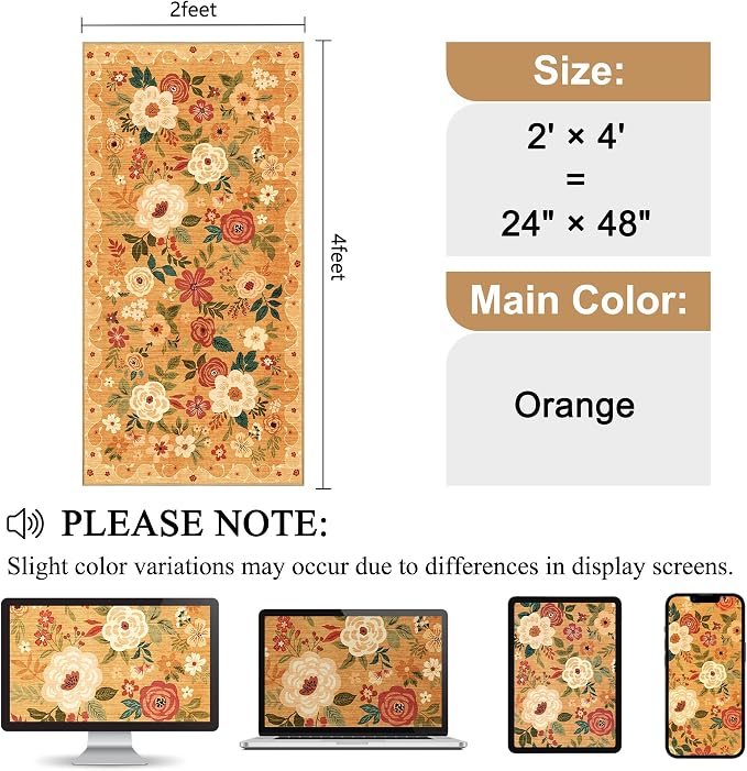DUKINO 2x4 Entryway Rug, Floral Washable Kitchen Rugs Non Slip, Soft Indoor - Image 2